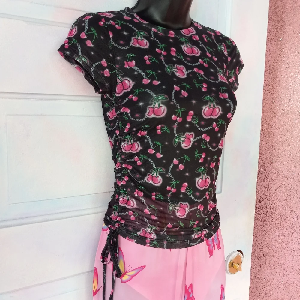 SOLD! Dolls Kill cherries ruched baby doll top! Sheer mesh kawaii cute nwt top! - Picture 10 of 13